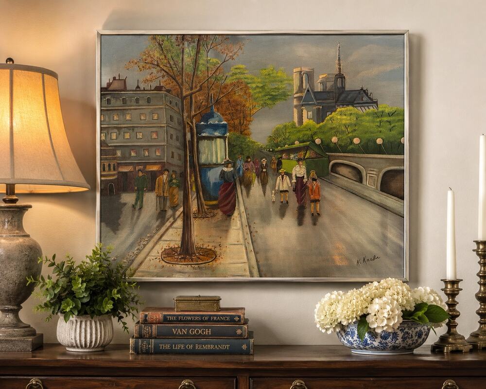 Mid-Century Paris Street Scene Notre Dame Oil Painting Signed Canvas